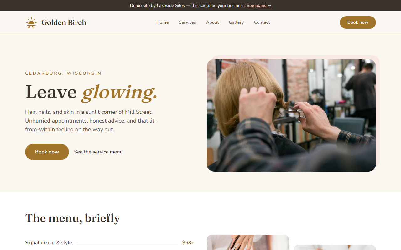 Screenshot of the Golden Birch Salon demo site