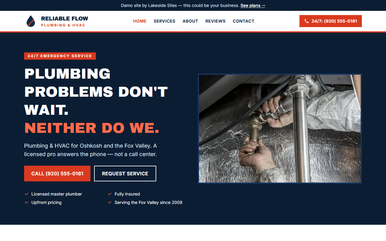 Screenshot of the Reliable Flow Plumbing demo site